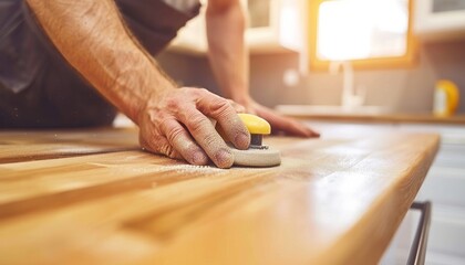 Obraz premium Close up view of a skilled carpenter s hands meticulously sanding a wooden wardrobe door