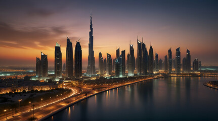Fototapeta na wymiar Beautiful Dubai downtown at the sunset, Dubai, United Arab Emirates, Generative.AI