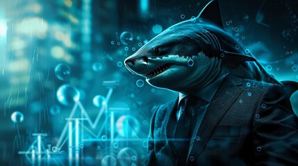 A charismatic shark in a tailored suit, leading a corporate meeting underwater, with bubbles forming graphs and data points