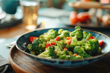 Broccoli and tomato bowl on a wooden tray, perfect for a garden salad recipe