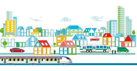 Stadtsilhouette mit Bahnverkehr und Straßenverkehr  Illustration - 794906157
