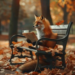 Fototapeta premium A clever fox with a coffee cup, reading the morning financial news on a park bench surrounded by autumn leaves, planning its next business move