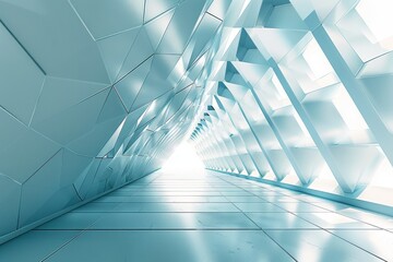 An abstract look at a hallway in a building, showcasing futuristic geometric patterns and a textured wall extending into the distance