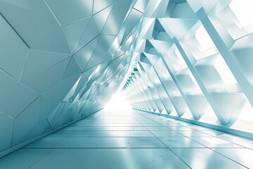 Obraz premium An abstract look at a hallway in a building, showcasing futuristic geometric patterns and a textured wall extending into the distance