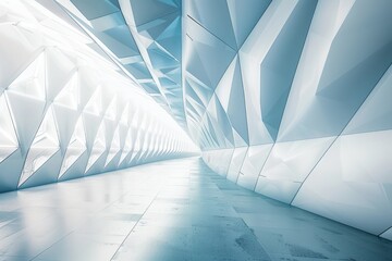 An angled perspective of a long hallway featuring white walls, a blue ceiling, and a futuristic geometric design on the textured walls