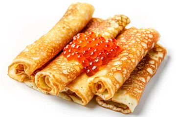pancakes with red caviar on a white background