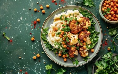 A plate of food with cauliflower, potatoes, and chickpeas