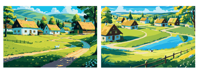 a set of summer illustrations with a rustic landscape. hills, cute little houses with a stream and mountains. Sunny day, vector illustration