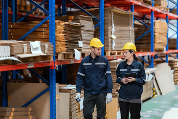 Young employee checking stock In a large cardboard factory