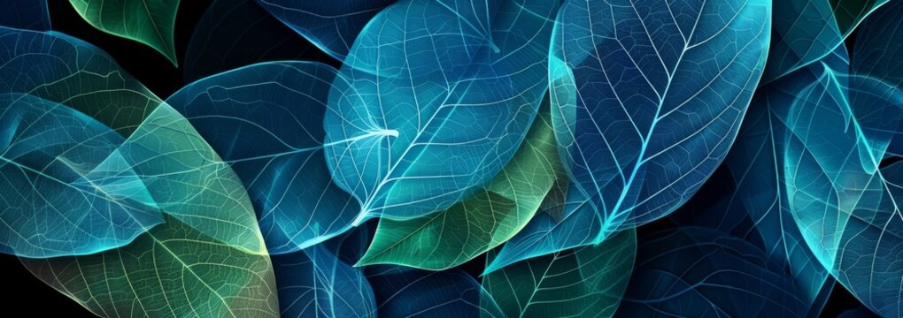 abstract background with a close up of a transparent leaf texture in blue