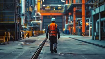 Rear view of an industrial worker walking through a facility