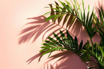 Fototapeta na wymiar A palm tree casts a shadow onto a light pink wall in this angled view, showcasing the gentle play of light and shadow