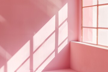 An overhead view of a room with a pink wall and a window, showcasing the artistic interplay of light and shadow in the empty space