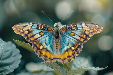 Vibrant blue and yellow butterfly gracefully sits on top of a leaf