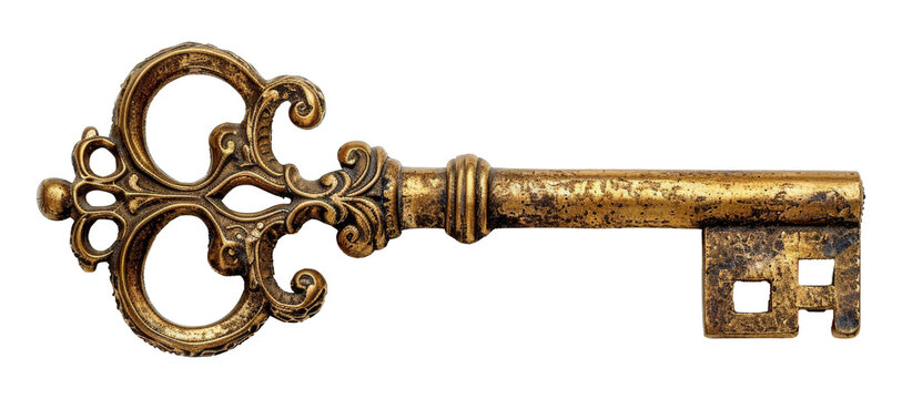 Vintage ornate skeleton key with golden patina isolated on transparent background