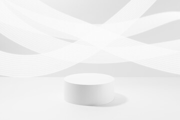 One round white podium mockup for cosmetic products, with striped neon light lines on white...