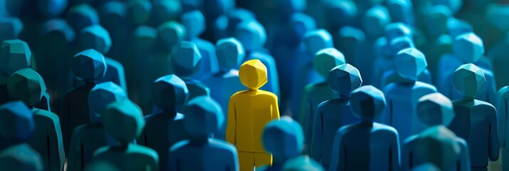 A lone yellow figure surrounded by a group of blue figures, depicting the challenge of identifying the right person in business strategy