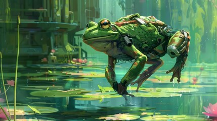 A neon green armored frog with cybernetic limbs jumps effortlessly across a futuristic pond dotted with floating lily pads - obrazy, fototapety, plakaty