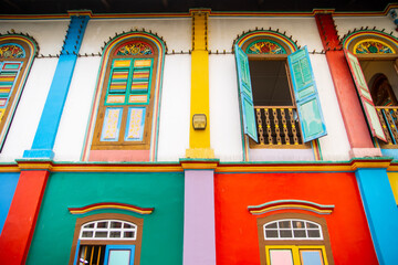 colorful architecture and window shutters of House of Tan Teng Niah in little India neighboorhood Singapore, Southeast Asia