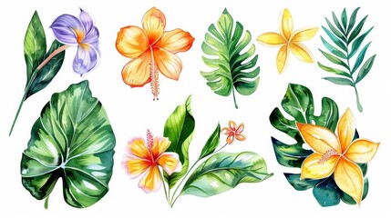 Set of Watercolor Tropical Spring Flowers and Lush Green Leaves on White - Graphic Design, Wedding Invitations.