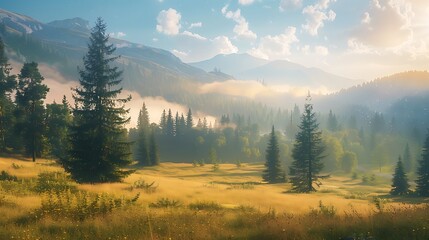 The pine forest among the mountains is misty but feels warm sunrise in the mountains. Generative Ai