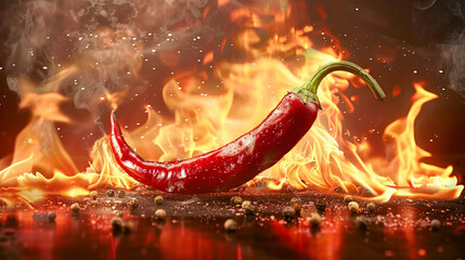 Fiery Chili Pepper on a Flaming Background