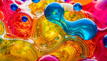 Close-up fancy shaped bubbles and drops, bright colorful liquid abstract background