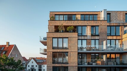 Modern minimalistic architectural background against blue sky. Advertising background with building for business.