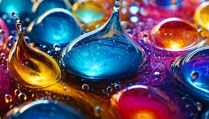Close-up of bright colorful bubbles and drops, abstract liquid background
