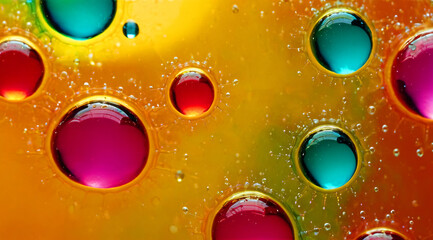 Bright multi-colored bubbles and drops, abstract liquid background