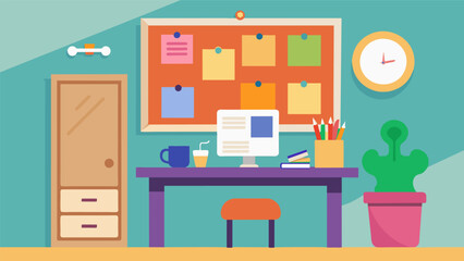 A colorful and inspirational bulletin board is hung above a simple and functional desk that doubles as a storage unit encouraging organization