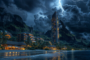 Resort area and highrise in a tropical area with storm apporaching