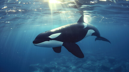Obraz premium orcas or killer whales in Kvænangen fjord in Norway hunting for herrings. Pod of orcas swimming near the surface in the blue Pacific Ocean. a orca fish or killer whale swimming on under water of sea.