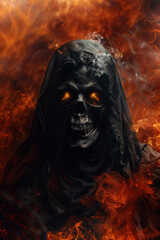 Dark grim reaper with smoke and flames