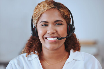 Woman, portrait and smile in call center with headphones, mic or job in telemarketing in modern...