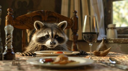 Raccoon sitting at a dining table with a plate of food, looking posh. - obrazy, fototapety, plakaty