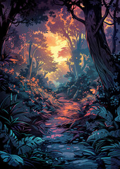 Colorful forest illustration in comic book or graphic novel style