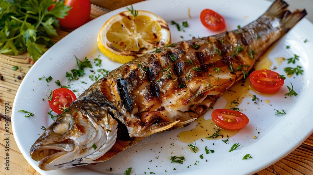 Wall mural Grilled whole fish on a plate with fresh herbs, tomatoes, and lemon. Perfect for culinary themes. Ideal stock image for restaurants or food blogs. AI