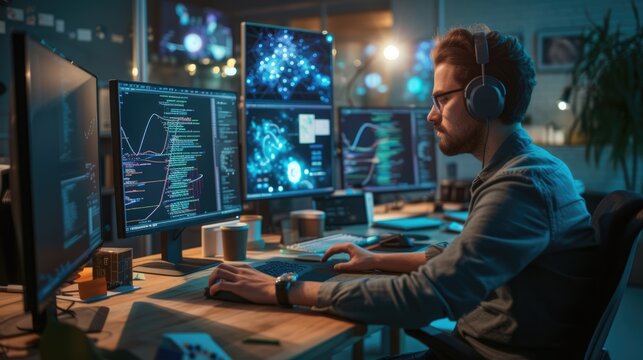 A software developer works on code late into the night, illuminated by the glow of multiple computer screens in a modern office. AIG41