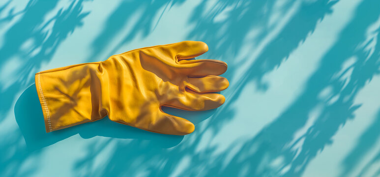 Yellow gardening glove on a sunny light blue background with leafy shadows. Gardening concept with yellow glove and hard shadow. Bright yellow glove with plant shadows on blue