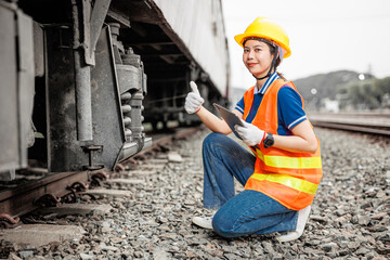 happy engineer women worker check service maintenance train wheel suspension confirm thumbs up good condition - 794912900