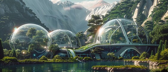 A Futuristic bio-dome housing lush gardens and eco-friendly living spaces in a sci-fi setting.