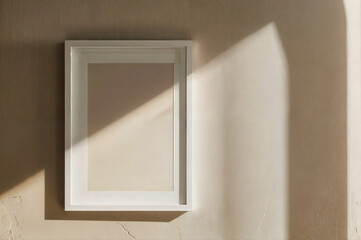 A white picture frame hanging on a beige wall. There is no content in the picture frame, and a beam...
