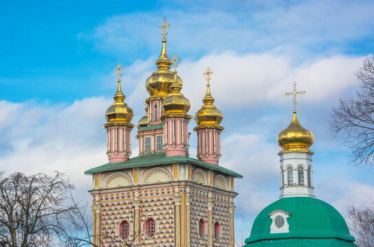 Domes of the ornate gate church of the Trinity-Sergius Lavra