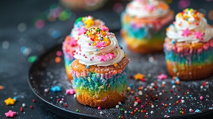Fototapeta na wymiar Mini rainbow cakes with frosting playful sprinkles