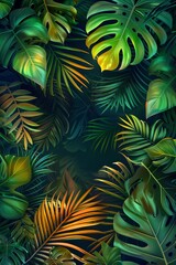 Neon tropical leaves encircling a warm glow