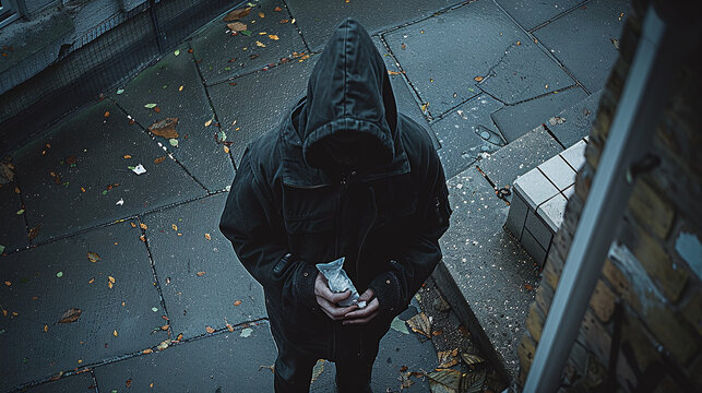 high angle view of suspicious man in black hoodie holding a small white bag, security camera style, crime investigation