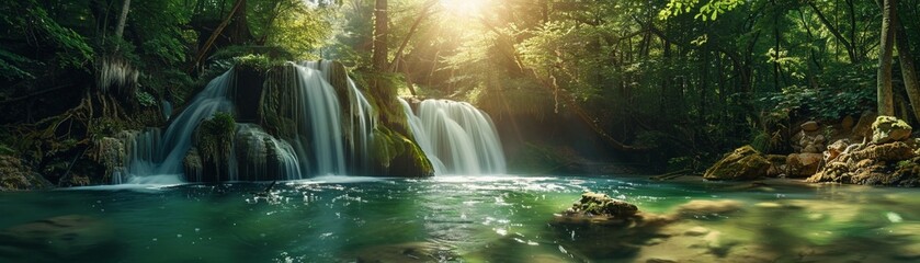 Tranquil forest waterfall panoramic - obrazy, fototapety, plakaty