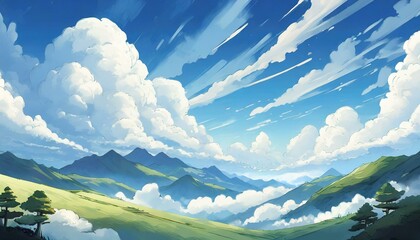 夏の空と入道雲のアニメ風イラスト。マンガ風ファンタジー風景