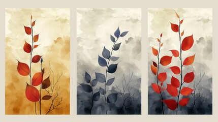 A set of botanical wall art moderns featuring earth tone boho foliage and abstract shapes. This design can be used for a variety of applications, including printings, covers, wallpapers, and other